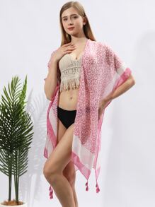 Leopard Print Tassel Decor Kimono - Hot Pink - View 1