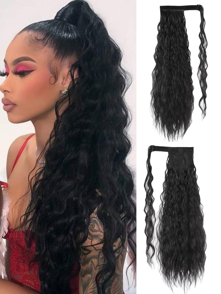 Corn Wave Ponytail Extension Clip in - 22 Inch Long Wavy Curly Wrap Around Pony Tail Heat Resistant Synthetic Hairpiece for Women - Black - View 1