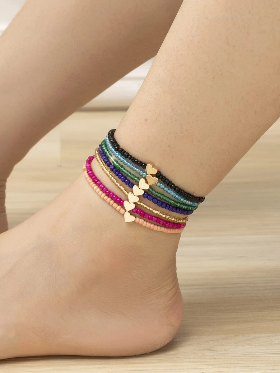 7pcs/Set Bohemian Style Colorful Glass Bead Heart Charm Elastic Anklet For Women Valentines,Mom,Mother,Mother's Day,Gift