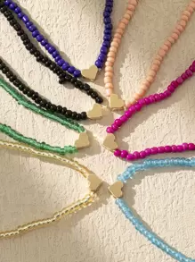 7pcs/Set Bohemian Style Colorful Glass Bead Heart Charm Elastic Anklet For Women Valentines,Mom,Mother,Mother's Day,Gift