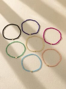7pcs/Set Bohemian Style Colorful Glass Bead Heart Charm Elastic Anklet For Women Valentines,Mom,Mother,Mother's Day,Gift