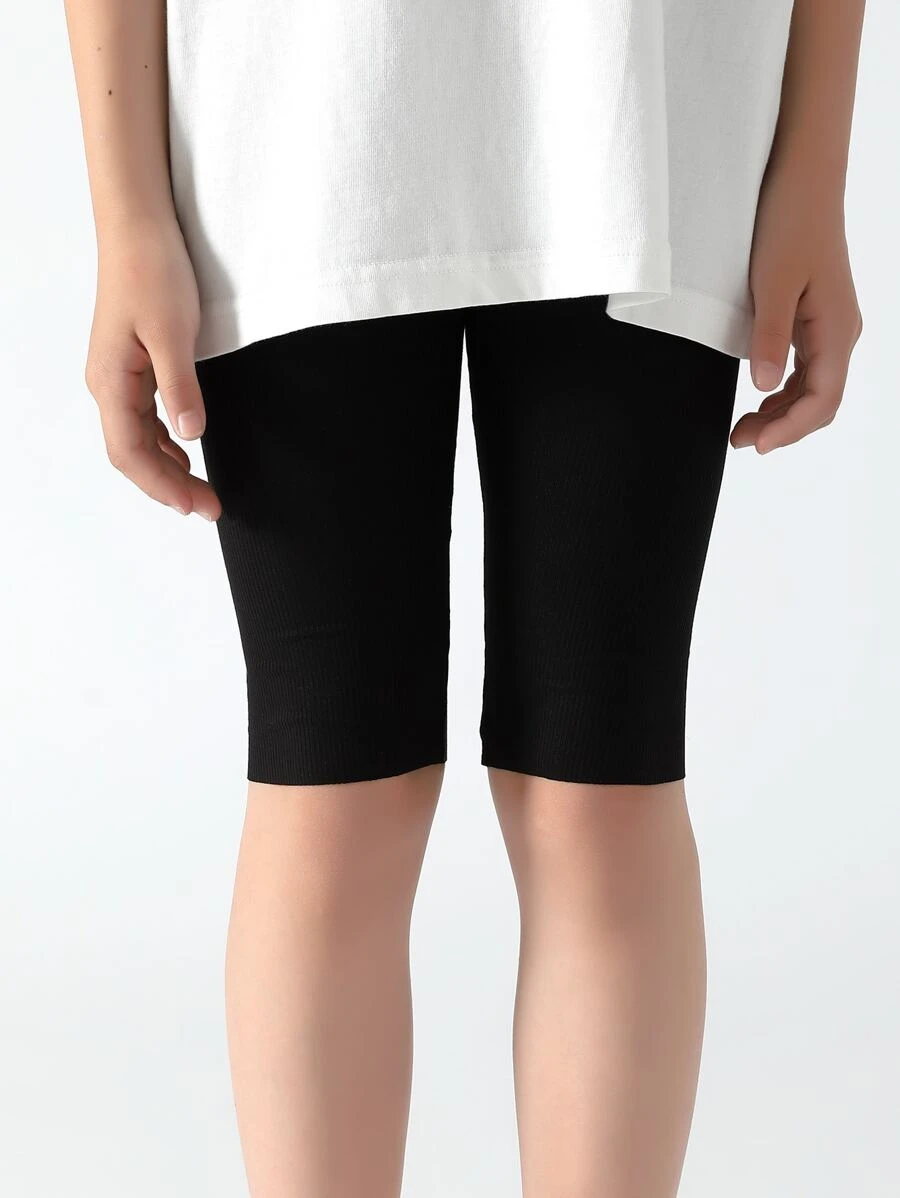1 Pair Black Vertical Striped Crop Leggings For Girls, Suitable For Daily Wear In Summer - Black - View 1