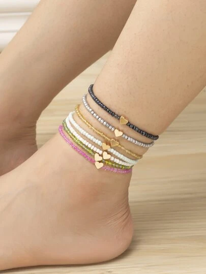 Bộ 7 chiếc vòng chân co giãn thủ công hình trái tim đính hạt nhiều màu sắc phong cách Bohemian mới về dành cho nữ.
