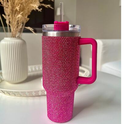 Tazza da viaggio da 40 once in acciaio inossidabile con doppia parete isolante, con rose rosse, manico, coperchio e cannuccia, adatta per donne, ideale per il ritorno a scuola