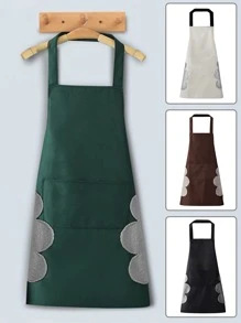 新款廚房圍裙適合男士女士廚師烘烤防水防油成年人圍兜帶口袋家庭烹飪清潔圍裙工作衣服 - 軍綠色 - 查看 1