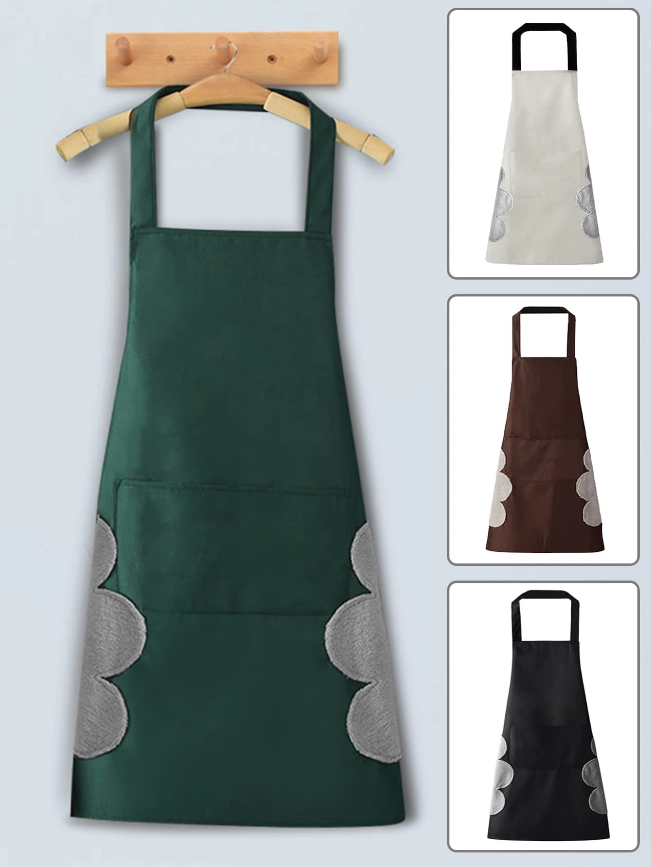 新款廚房圍裙適合男士女士廚師烘烤防水防油成年人圍兜帶口袋家庭烹飪清潔圍裙工作衣服 - 軍綠色 - 查看 1