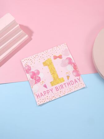 Gold One Year Old Birthday Party Pink Balloon & Bowknot Design Disposable Napkins - 24pcs,Christmas
