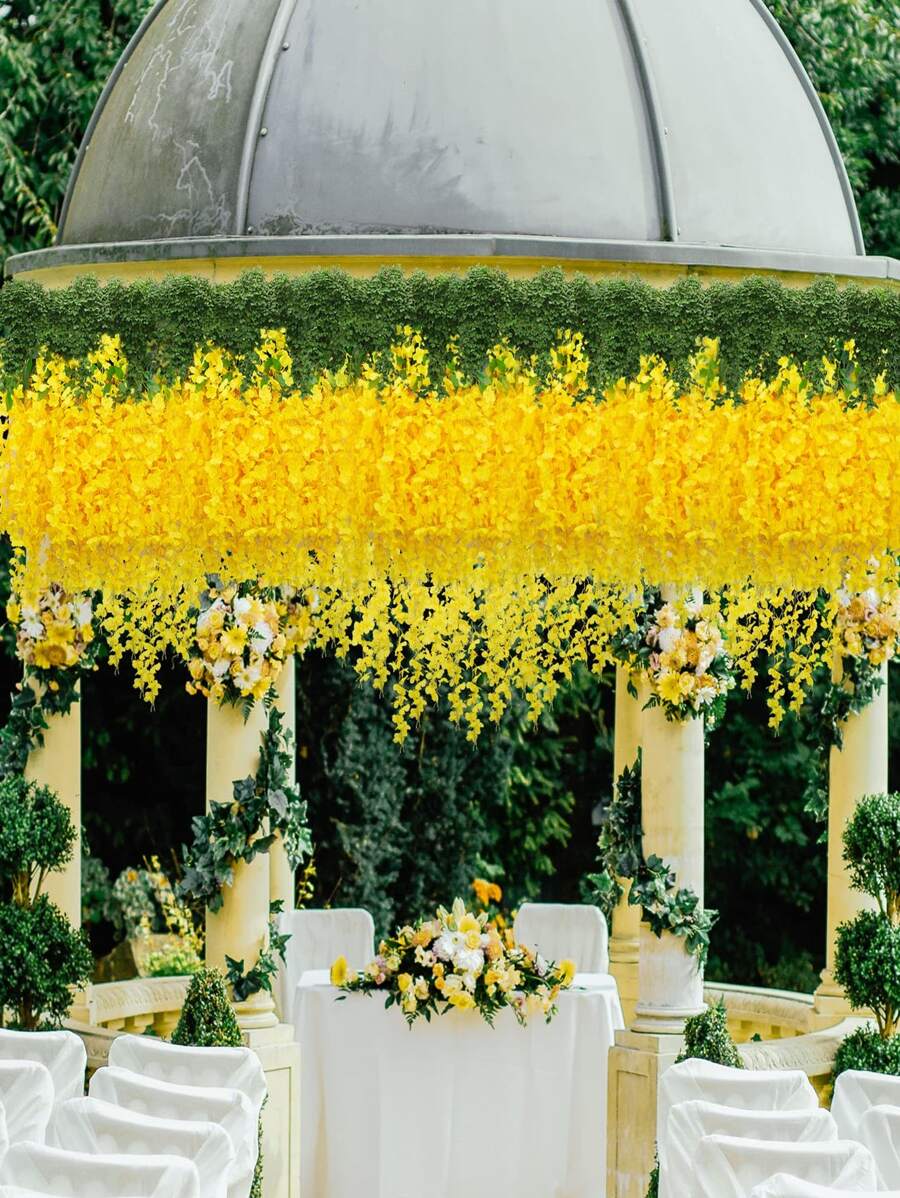 12入組黃色人造紫藤藤蔓,藤蔓和真絲繩索花花環適合婚禮,節日,花園,家庭裝飾