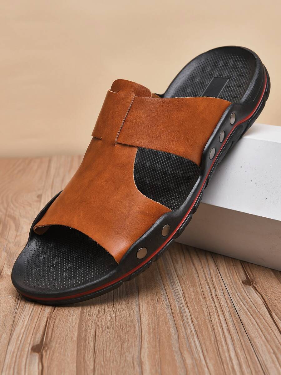 Men's Summer Brown Cut-out Detail Slippers - Brown - View 1