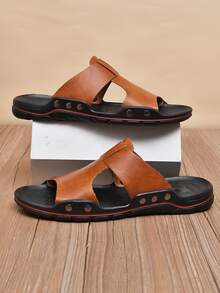 Men's Summer Brown Cut-out Detail Slippers - Brown - View 2
