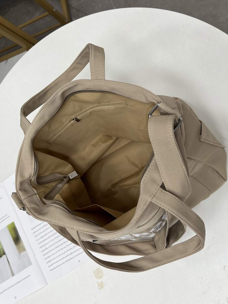 2024年大容量肩背通勤手提袋,學生斜跨帆布袋 - 卡其色 - 查看 1