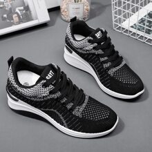 女士透氣前綁帶坡跟運動鞋,運動戶外運動鞋 - 黑色 - 查看 3