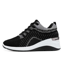 女士透氣前綁帶坡跟運動鞋,運動戶外運動鞋 - 黑色 - 查看 1