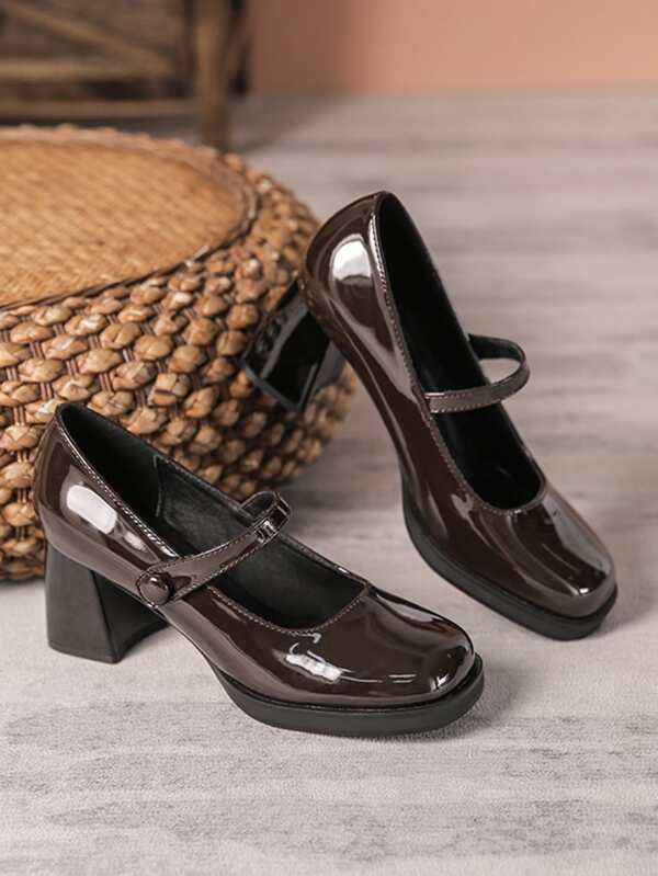 Elegant Brown Mary Jane Pumps For Women, Button Decor Square Toe Chunky