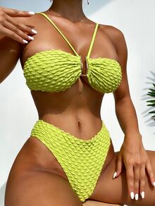 Plain Ring Linked Bikini Set - Lime Green - View 1
