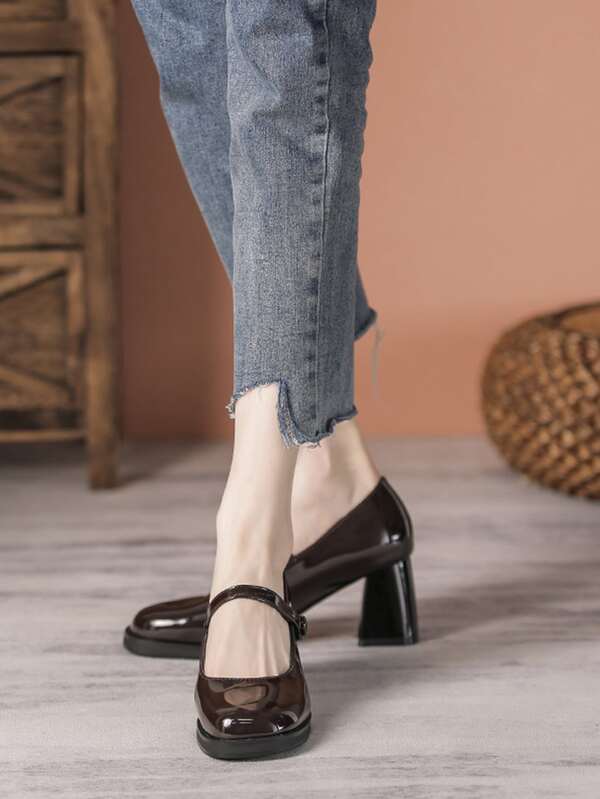 Elegant Brown Mary Jane Pumps For Women, Button Decor Square Toe Chunky