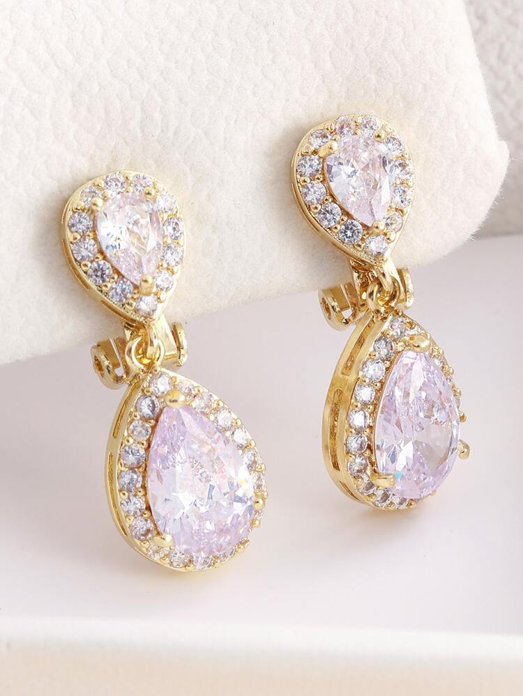 דמעה כפולה מתנדנד אוזן קליפ 2 יחידות נשים לשני המינים מתנדנד עגילי כלה מסיבת חתונה תכשיטי מעוקב זירקוניה חופשה אביזרי אופנה - זהב צהוב - ראה 1