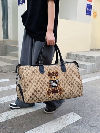Cute Animal Embroidery Bear Handbag, Women Large Capacity Travel Tote Bag, Short-Distance Business Trip, Travel, Flight Luggage Bag With Wet & Dry Separation, Shoe Compartment, Lightweight, Unisex Multifunctional Gym/Business Messenger Bag Bag For School School Accessories School Stuff