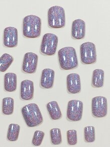 24入組閃亮短橢圓假指甲銀色亮片假指甲膠片套裝，女性艷彩指甲藝術設計，按壓式指甲，美甲用品 - 彩色 - 查看 3