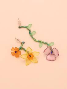 1對波西米亞不對稱串珠流蘇和樹脂花朵墜飾耳環,女士度假風格配件 - 彩色 - 查看 3