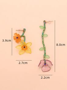 1對波西米亞不對稱串珠流蘇和樹脂花朵墜飾耳環,女士度假風格配件 - 彩色 - 查看 5