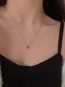 1 vòng cổ mặt dây chuyền hoa màu đen đơn giản cho nữ, chuỗi xương đòn thanh lịch - Bạc - Xem 1