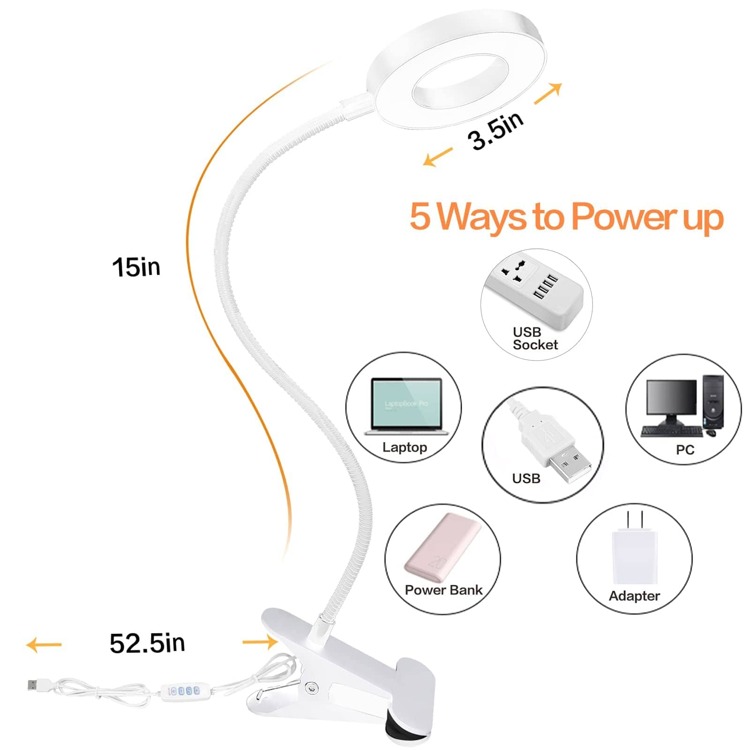 1pc Stainless Steel LED USB Reading Light, Modern White Eye Protection 48LED 3-color 360-rotation Clip On Reading Light For Reading - White - View 5