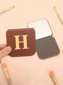 化妝鏡，1入組不銹鋼灰色帶燙印字母 H 理想安全化妝鏡桌面便攜式梳妝鏡禮物送給女士和女孩