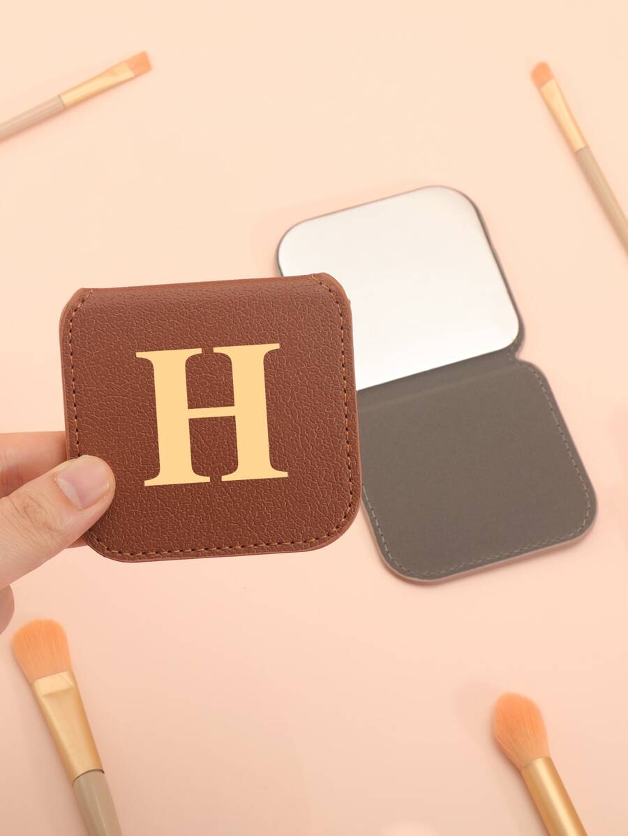 化妝鏡，1入組不銹鋼灰色帶燙印字母 H 理想安全化妝鏡桌面便攜式梳妝鏡禮物送給女士和女孩