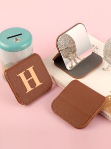 化妝鏡，1入組不銹鋼灰色帶燙印字母 H 理想安全化妝鏡桌面便攜式梳妝鏡禮物送給女士和女孩