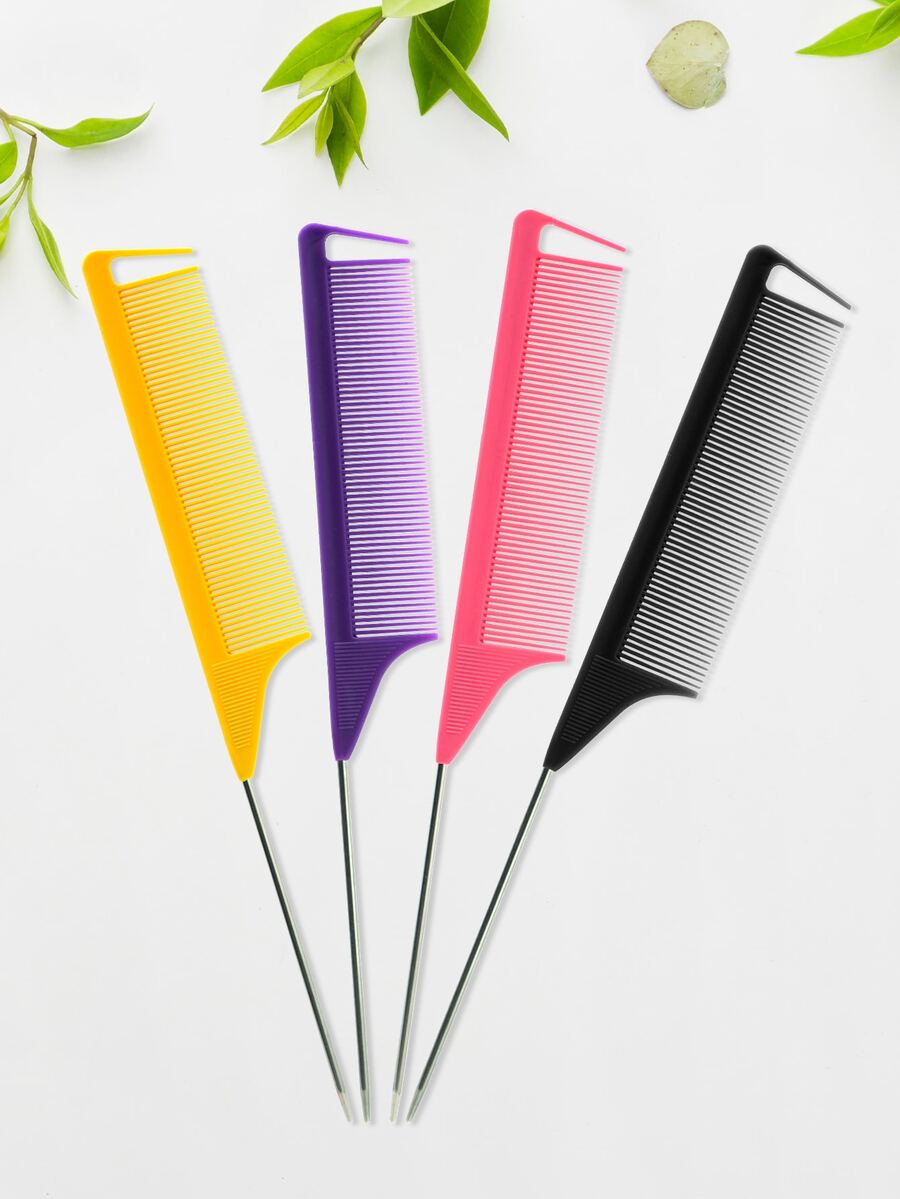 4入組碳纖維塑料染髮梳套裝，染色盤尾梳鋼針盤尾碳纖維耐熱梳子，帶不鏽鋼尾針(混合顏色) - 彩色 - 查看 1