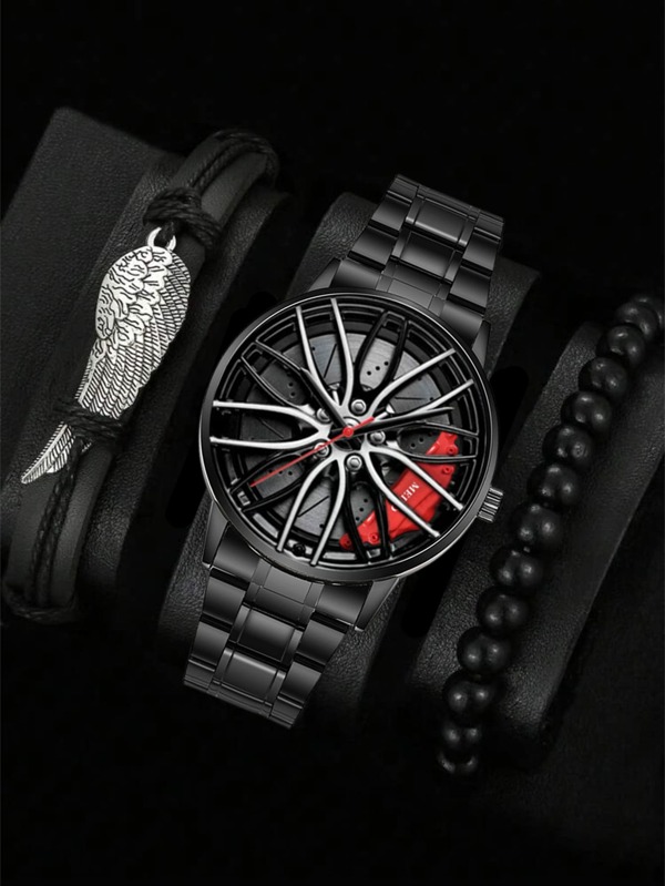 Modisch Herren Loch, Kreativ Autoreifen Quarzuhr & Flügel Detail, Armband Set , 1 Set/3 Stücke