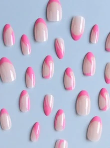 擁抱時尚，24入組長形杏仁粉色法式和條紋假指甲套裝，全覆蓋及簡約設計，適用於女士和女孩子的日常貼片甲，美甲用品 - 粉色 - 查看 4