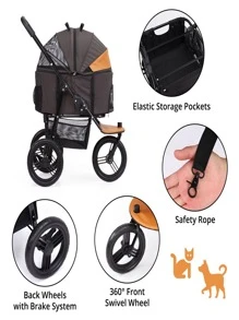 Pet Stroller for Medium Small Dogs Cats, One-Click Folding Pet Carrier with Rear Brake System and 360°FrontSwivel Wheel, Safety Rope, Storage Basket,Pet Can Easily Walk in/Out Travel up to 60 lbs - màu đen - Xem 3