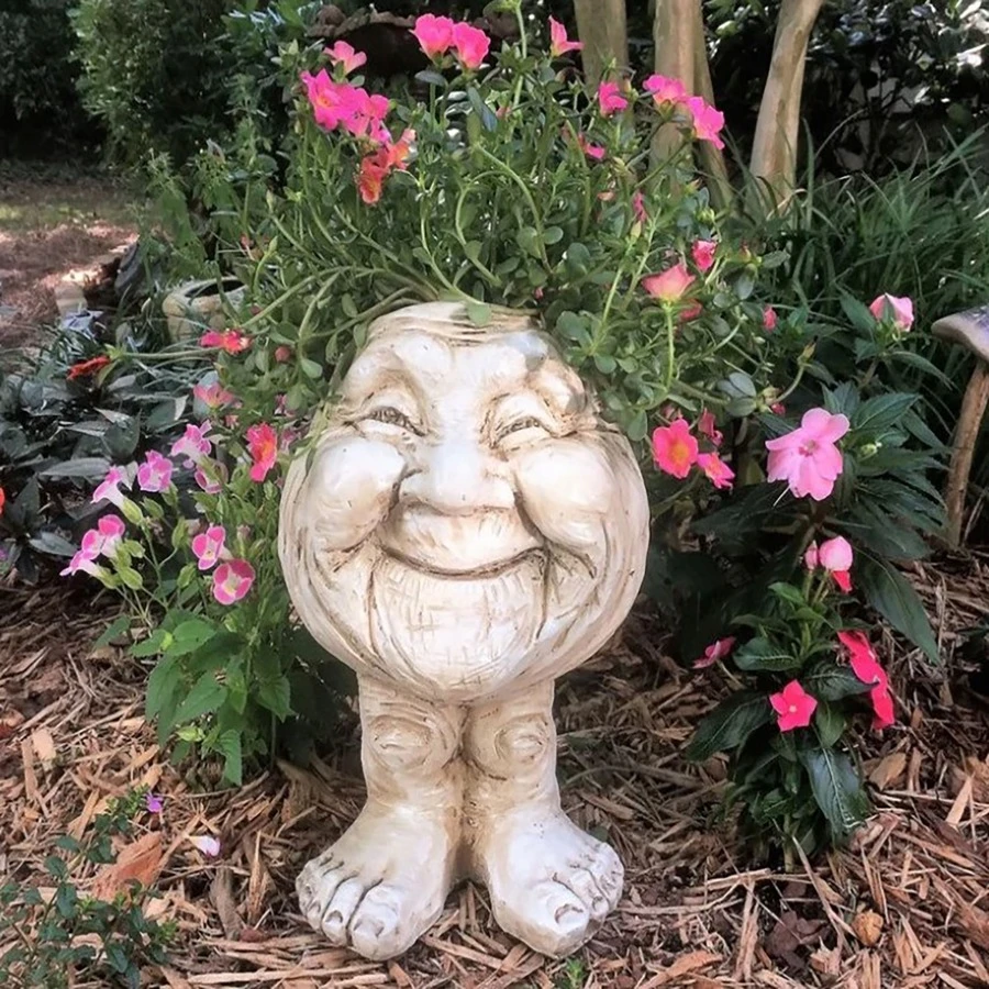 A創意搞笑臉部雕塑花盆,搞笑表情戶外花園花園花盆,樹脂手工藝裝飾用品 - 白色 - 查看 1