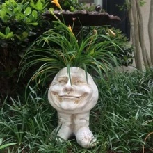 A創意搞笑臉部雕塑花盆,搞笑表情戶外花園花園花盆,樹脂手工藝裝飾用品 - 白色 - 查看 3