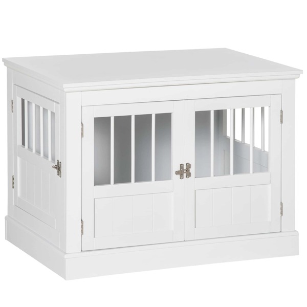 PawHut Dog Crate End Table with Triple Doors, Wooden Dog Crate Furniture Indoor Use, Puppy Crate with and Steel Tubes, for Small Dogs, White