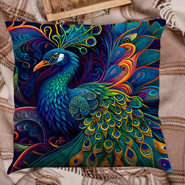 1pc Peacock Pattern Green And Golden Cushion Cover, Luxurious Linen Square Pillowcase With Single Printed Side, Without Pillow Core, Suitable For Living Room And Bedroom Decoration