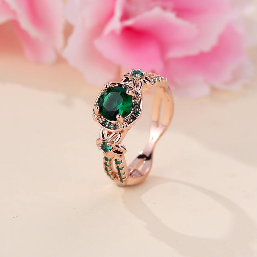 Vanel 1入組經典花卉設計綠色方晶鋯石戒指 - 綠色 - 查看 1