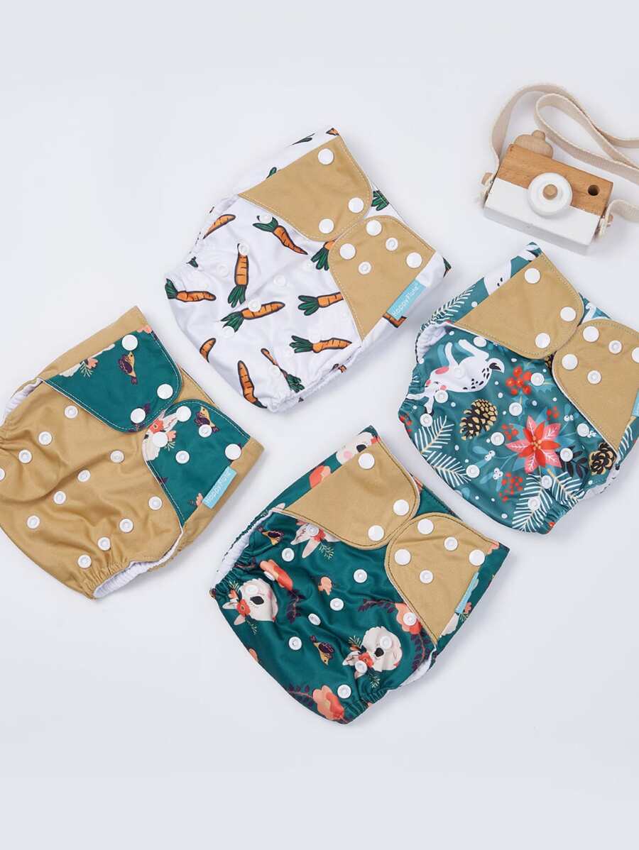 Happy Flute 4pcs Rabbit & Carrot Pattern Waterproof Breathable Cloth Diapers For Babies - Multicolor - View 1
