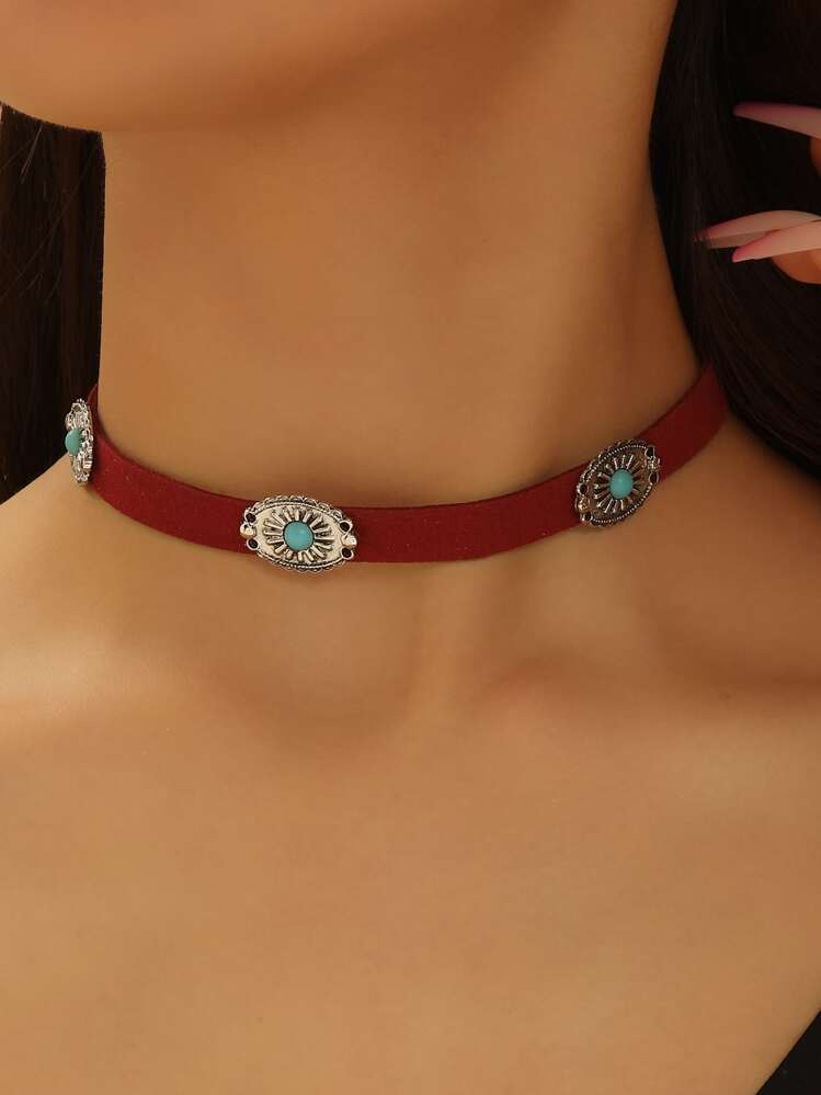 1pc Bohemian Style Vintage Alloy Plate Turquoise Decor Women s Choker Necklace SHEIN