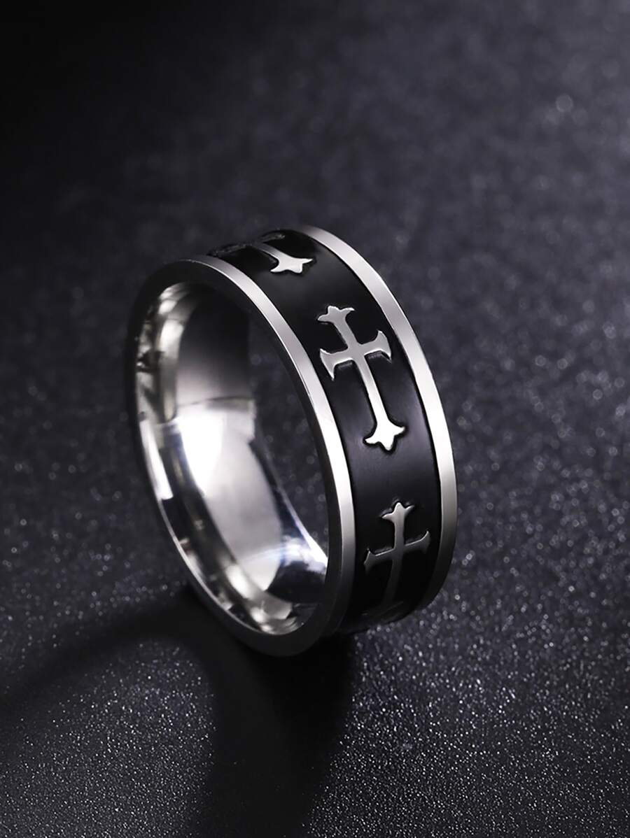 1入組男士不銹鋼熏黑十字設計戒指時尚情侶戒指結婚紀念日生日，精美珠寶禮物，新品到貨
