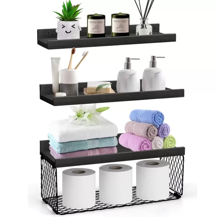 Wall Mounted Floating Shelves, 3 Sets Wood Bathroom Shelves With Wire ...
