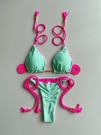 Handmade Braided Bikini, European And American New Style Sexy Ladies' Plain Bikini Set Summer
