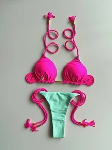 手工编织比基尼 欧美新款性感女士纯色比基尼套装夏季 - 綠色 - 查看 2