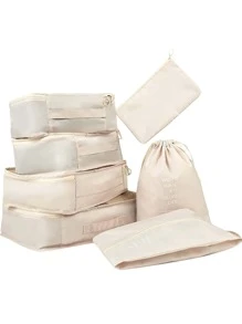 7 件套行李箱收纳袋，旅行行李收纳袋，带洗衣袋、压缩收纳鞋袋、服装内衣袋，男女通用旅行收纳袋、化妆包、化妆袋、度假收纳袋、大容量化妆品收纳袋化妆盒，可装口红、刷子、护肤品、手机、硬币、小物件，适用于家居、礼品、度假和节日万圣节圣诞节多功能用途，波西米亚风 - 米色 - 查看 8
