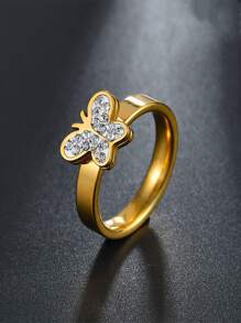 1 件不锈钢水晶和锆石戒指，简约情侣首饰，韩国时尚风格女士配饰 - 金黃色 - 查看 1