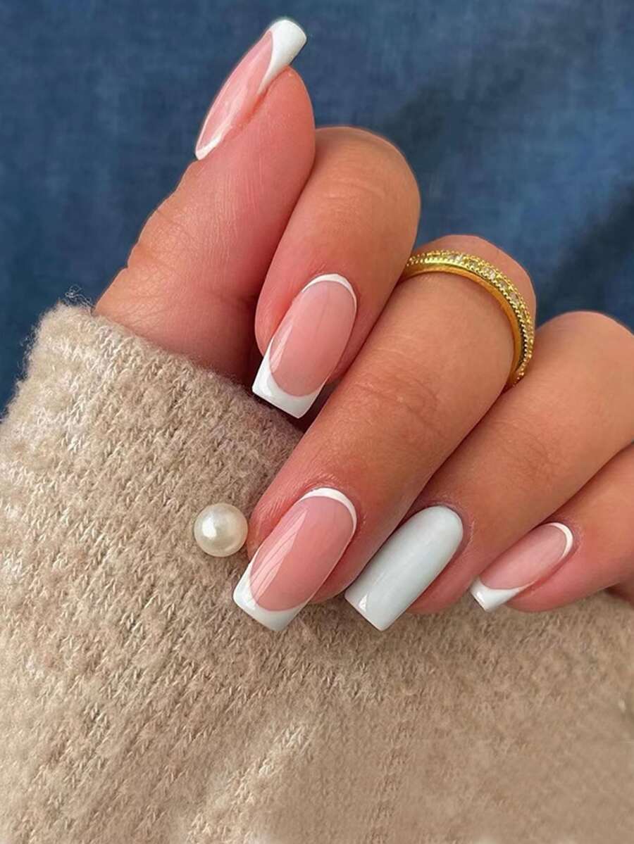 Upgrade Your Look With 24pcs Short Square French Style Full Cover Fake Nail Kit - Multicolor - View 1
