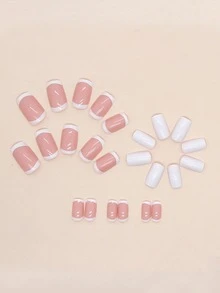 Upgrade Your Look With 24pcs Short Square French Style Full Cover Fake Nail Kit - Multicolor - View 3
