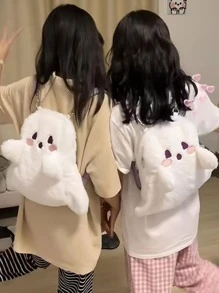 时尚卡通图案设计背包秋冬毛绒背包卡哇伊鬼形毛绒包收纳背包可爱背包，完美最佳搞笑新奇和恶作剧礼物 - 白色 - 查看 2